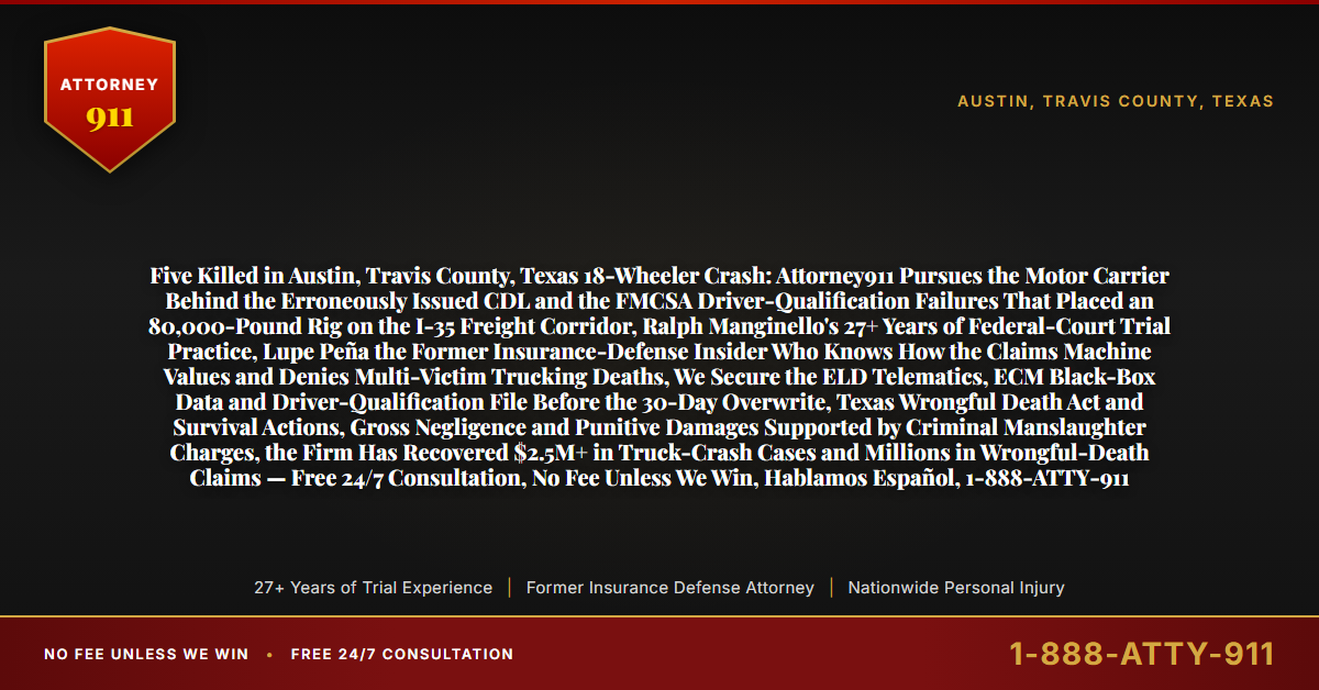 Five Killed in Austin, Travis County, Texas 18-Wheeler Crash: Attorney911 Pursues the Motor Carrier Behind the Erroneously Issued CDL and the FMCSA Driver-Qualification Failures That Placed an 80,000-Pound Rig on the I-35 Freight Corridor, Ralph Manginello's 27+ Years of Federal-Court Trial Practice, Lupe Peña the Former Insurance-Defense Insider Who Knows How the Claims Machine Values and Denies Multi-Victim Trucking Deaths, We Secure the ELD Telematics, ECM Black-Box Data and Driver-Qualification File Before the 30-Day Overwrite, Texas Wrongful Death Act and Survival Actions, Gross Negligence and Punitive Damages Supported by Criminal Manslaughter Charges, the Firm Has Recovered $2.5M+ in Truck-Crash Cases and Millions in Wrongful-Death Claims — Free 24/7 Consultation, No Fee Unless We Win, Hablamos Español, 1-888-ATTY-911 - Attorney911