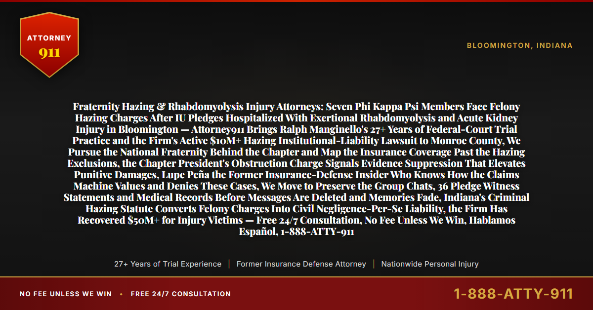 Fraternity Hazing & Rhabdomyolysis Injury Attorneys: Seven Phi Kappa Psi Members Face Felony Hazing Charges After IU Pledges Hospitalized With Exertional Rhabdomyolysis and Acute Kidney Injury in Bloomington — Attorney911 Brings Ralph Manginello's 27+ Years of Federal-Court Trial Practice and the Firm's Active $10M+ Hazing Institutional-Liability Lawsuit to Monroe County, We Pursue the National Fraternity Behind the Chapter and Map the Insurance Coverage Past the Hazing Exclusions, the Chapter President's Obstruction Charge Signals Evidence Suppression That Elevates Punitive Damages, Lupe Peña the Former Insurance-Defense Insider Who Knows How the Claims Machine Values and Denies These Cases, We Move to Preserve the Group Chats, 36 Pledge Witness Statements and Medical Records Before Messages Are Deleted and Memories Fade, Indiana's Criminal Hazing Statute Converts Felony Charges Into Civil Negligence-Per-Se Liability, the Firm Has Recovered $50M+ for Injury Victims — Free 24/7 Consultation, No Fee Unless We Win, Hablamos Español, 1-888-ATTY-911 - Attorney911