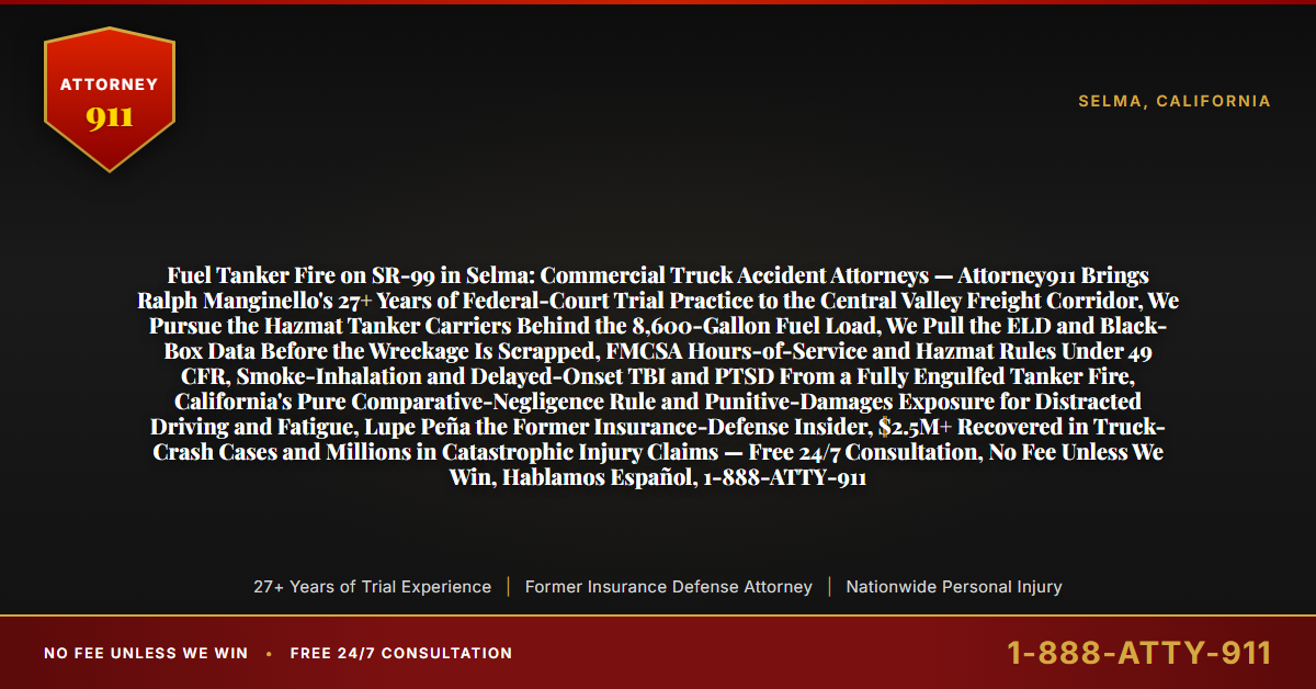 Fuel Tanker Fire on SR-99 in Selma: Commercial Truck Accident Attorneys — Attorney911 Brings Ralph Manginello's 27+ Years of Federal-Court Trial Practice to the Central Valley Freight Corridor, We Pursue the Hazmat Tanker Carriers Behind the 8,600-Gallon Fuel Load, We Pull the ELD and Black-Box Data Before the Wreckage Is Scrapped, FMCSA Hours-of-Service and Hazmat Rules Under 49 CFR, Smoke-Inhalation and Delayed-Onset TBI and PTSD From a Fully Engulfed Tanker Fire, California's Pure Comparative-Negligence Rule and Punitive-Damages Exposure for Distracted Driving and Fatigue, Lupe Peña the Former Insurance-Defense Insider, $2.5M+ Recovered in Truck-Crash Cases and Millions in Catastrophic Injury Claims — Free 24/7 Consultation, No Fee Unless We Win, Hablamos Español, 1-888-ATTY-911 - Attorney911