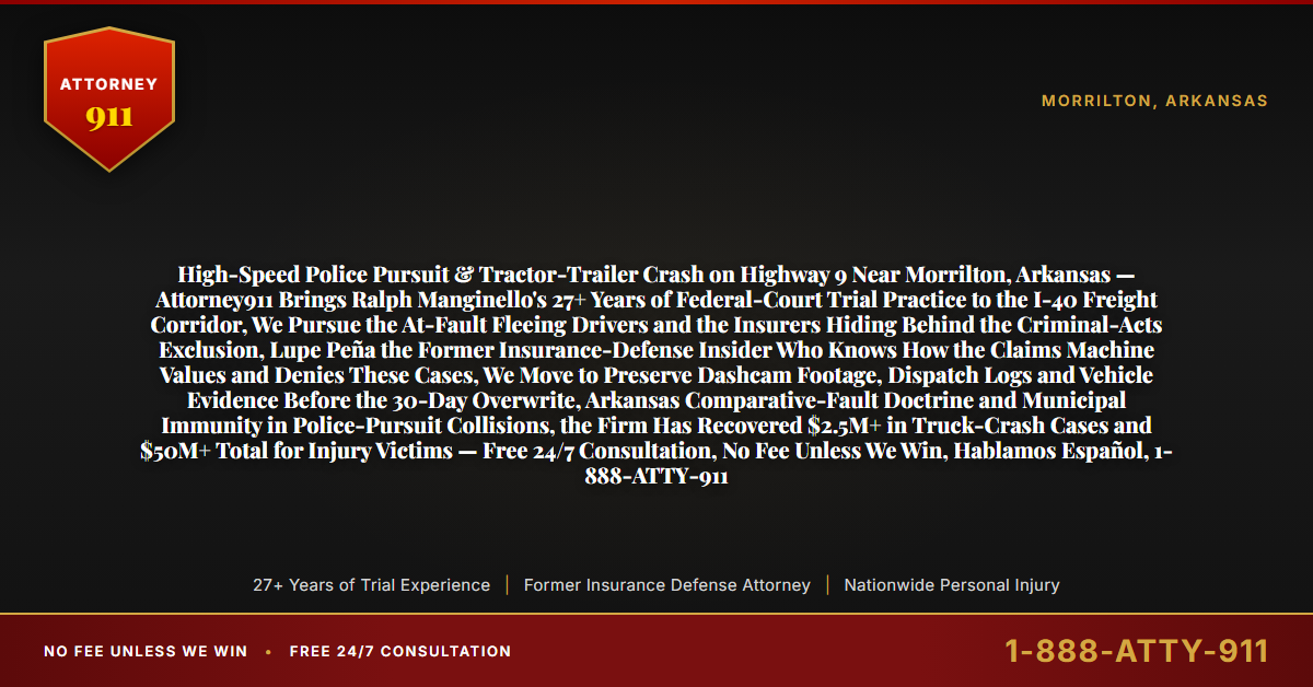 High-Speed Police Pursuit & Tractor-Trailer Crash on Highway 9 Near Morrilton, Arkansas — Attorney911 Brings Ralph Manginello's 27+ Years of Federal-Court Trial Practice to the I-40 Freight Corridor, We Pursue the At-Fault Fleeing Drivers and the Insurers Hiding Behind the Criminal-Acts Exclusion, Lupe Peña the Former Insurance-Defense Insider Who Knows How the Claims Machine Values and Denies These Cases, We Move to Preserve Dashcam Footage, Dispatch Logs and Vehicle Evidence Before the 30-Day Overwrite, Arkansas Comparative-Fault Doctrine and Municipal Immunity in Police-Pursuit Collisions, the Firm Has Recovered $2.5M+ in Truck-Crash Cases and $50M+ Total for Injury Victims — Free 24/7 Consultation, No Fee Unless We Win, Hablamos Español, 1-888-ATTY-911 - Attorney911