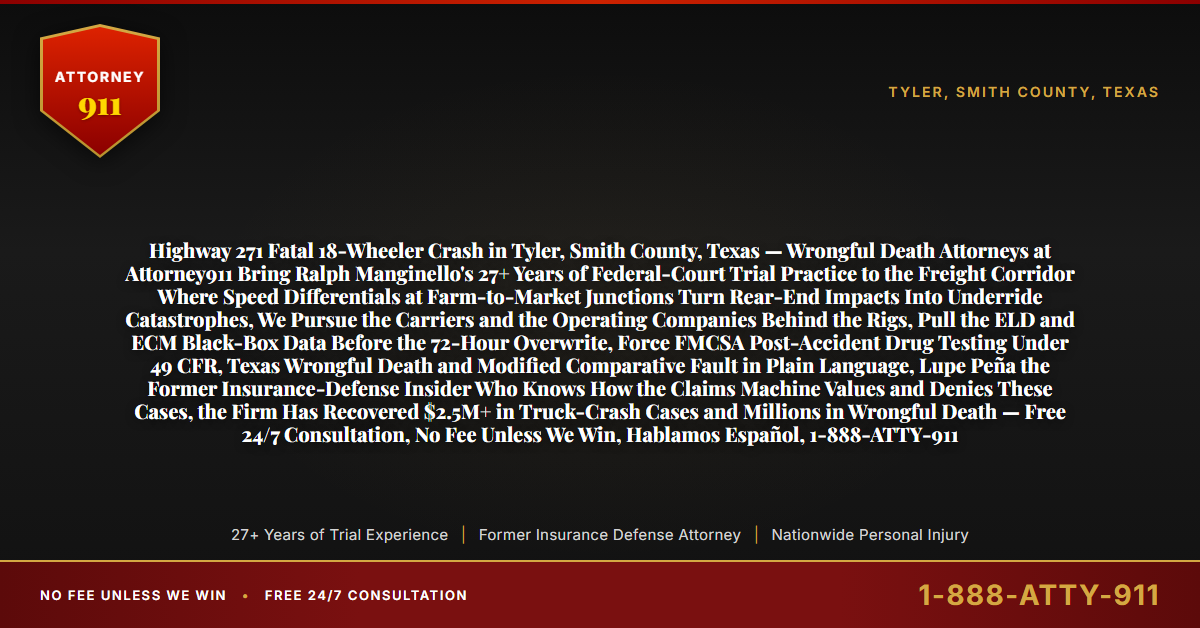 Highway 271 Fatal 18-Wheeler Crash in Tyler, Smith County, Texas — Wrongful Death Attorneys at Attorney911 Bring Ralph Manginello's 27+ Years of Federal-Court Trial Practice to the Freight Corridor Where Speed Differentials at Farm-to-Market Junctions Turn Rear-End Impacts Into Underride Catastrophes, We Pursue the Carriers and the Operating Companies Behind the Rigs, Pull the ELD and ECM Black-Box Data Before the 72-Hour Overwrite, Force FMCSA Post-Accident Drug Testing Under 49 CFR, Texas Wrongful Death and Modified Comparative Fault in Plain Language, Lupe Peña the Former Insurance-Defense Insider Who Knows How the Claims Machine Values and Denies These Cases, the Firm Has Recovered $2.5M+ in Truck-Crash Cases and Millions in Wrongful Death — Free 24/7 Consultation, No Fee Unless We Win, Hablamos Español, 1-888-ATTY-911 - Attorney911