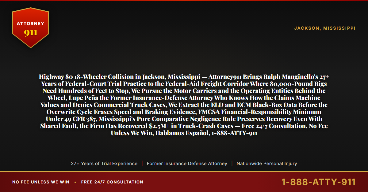 Highway 80 18-Wheeler Collision in Jackson, Mississippi — Attorney911 Brings Ralph Manginello's 27+ Years of Federal-Court Trial Practice to the Federal-Aid Freight Corridor Where 80,000-Pound Rigs Need Hundreds of Feet to Stop, We Pursue the Motor Carriers and the Operating Entities Behind the Wheel, Lupe Peña the Former Insurance-Defense Attorney Who Knows How the Claims Machine Values and Denies Commercial Truck Cases, We Extract the ELD and ECM Black-Box Data Before the Overwrite Cycle Erases Speed and Braking Evidence, FMCSA Financial-Responsibility Minimum Under 49 CFR 387, Mississippi's Pure Comparative Negligence Rule Preserves Recovery Even With Shared Fault, the Firm Has Recovered $2.5M+ in Truck-Crash Cases — Free 24/7 Consultation, No Fee Unless We Win, Hablamos Español, 1-888-ATTY-911 - Attorney911