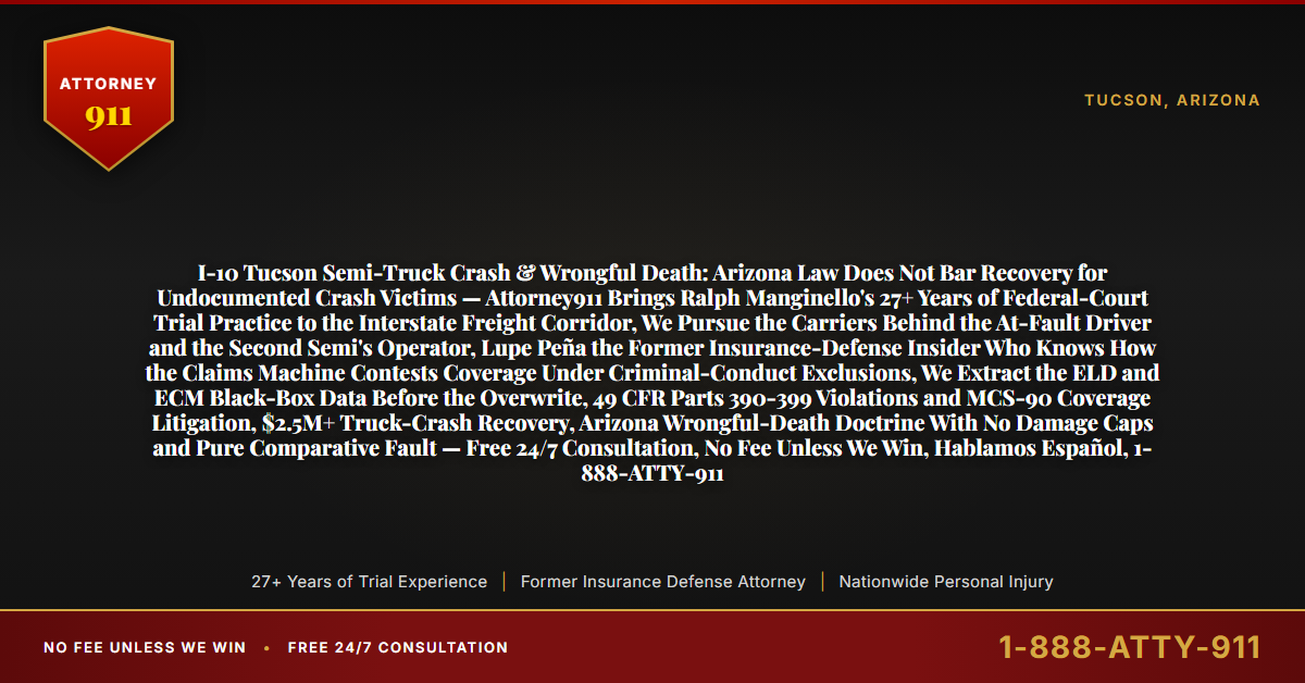 I-10 Tucson Semi-Truck Crash & Wrongful Death: Arizona Law Does Not Bar Recovery for Undocumented Crash Victims — Attorney911 Brings Ralph Manginello's 27+ Years of Federal-Court Trial Practice to the Interstate Freight Corridor, We Pursue the Carriers Behind the At-Fault Driver and the Second Semi's Operator, Lupe Peña the Former Insurance-Defense Insider Who Knows How the Claims Machine Contests Coverage Under Criminal-Conduct Exclusions, We Extract the ELD and ECM Black-Box Data Before the Overwrite, 49 CFR Parts 390-399 Violations and MCS-90 Coverage Litigation, $2.5M+ Truck-Crash Recovery, Arizona Wrongful-Death Doctrine With No Damage Caps and Pure Comparative Fault — Free 24/7 Consultation, No Fee Unless We Win, Hablamos Español, 1-888-ATTY-911 - Attorney911