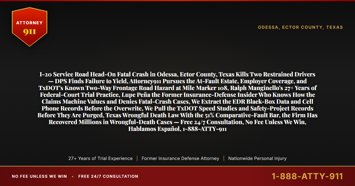 I-20 Service Road Head-On Fatal Crash in Odessa, Ector County, Texas Kills Two Restrained Drivers — DPS Finds Failure to Yield, Attorney911 Pursues the At-Fault Estate, Employer Coverage, and TxDOT's Known Two-Way Frontage Road Hazard at Mile Marker 108, Ralph Manginello's 27+ Years of Federal-Court Trial Practice, Lupe Peña the Former Insurance-Defense Insider Who Knows How the Claims Machine Values and Denies Fatal-Crash Cases, We Extract the EDR Black-Box Data and Cell Phone Records Before the Overwrite, We Pull the TxDOT Speed Studies and Safety-Project Records Before They Are Purged, Texas Wrongful Death Law With the 51% Comparative-Fault Bar, the Firm Has Recovered Millions in Wrongful-Death Cases — Free 24/7 Consultation, No Fee Unless We Win, Hablamos Español, 1-888-ATTY-911 - Attorney911