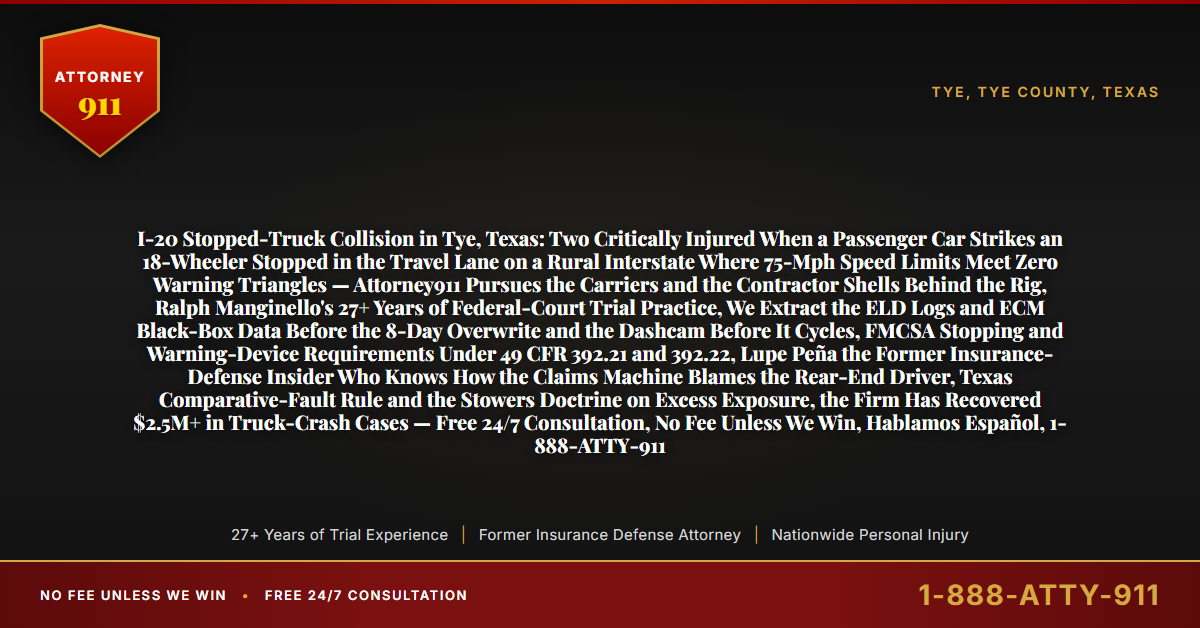 I-20 Stopped-Truck Collision in Tye, Texas: Two Critically Injured When a Passenger Car Strikes an 18-Wheeler Stopped in the Travel Lane on a Rural Interstate Where 75-Mph Speed Limits Meet Zero Warning Triangles — Attorney911 Pursues the Carriers and the Contractor Shells Behind the Rig, Ralph Manginello's 27+ Years of Federal-Court Trial Practice, We Extract the ELD Logs and ECM Black-Box Data Before the 8-Day Overwrite and the Dashcam Before It Cycles, FMCSA Stopping and Warning-Device Requirements Under 49 CFR 392.21 and 392.22, Lupe Peña the Former Insurance-Defense Insider Who Knows How the Claims Machine Blames the Rear-End Driver, Texas Comparative-Fault Rule and the Stowers Doctrine on Excess Exposure, the Firm Has Recovered $2.5M+ in Truck-Crash Cases — Free 24/7 Consultation, No Fee Unless We Win, Hablamos Español, 1-888-ATTY-911 - Attorney911