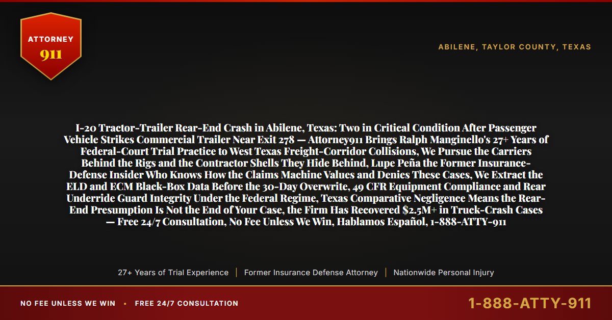 I-20 Tractor-Trailer Rear-End Crash in Abilene, Texas: Two in Critical Condition After Passenger Vehicle Strikes Commercial Trailer Near Exit 278 — Attorney911 Brings Ralph Manginello's 27+ Years of Federal-Court Trial Practice to West Texas Freight-Corridor Collisions, We Pursue the Carriers Behind the Rigs and the Contractor Shells They Hide Behind, Lupe Peña the Former Insurance-Defense Insider Who Knows How the Claims Machine Values and Denies These Cases, We Extract the ELD and ECM Black-Box Data Before the 30-Day Overwrite, 49 CFR Equipment Compliance and Rear Underride Guard Integrity Under the Federal Regime, Texas Comparative Negligence Means the Rear-End Presumption Is Not the End of Your Case, the Firm Has Recovered $2.5M+ in Truck-Crash Cases — Free 24/7 Consultation, No Fee Unless We Win, Hablamos Español, 1-888-ATTY-911 - Attorney911