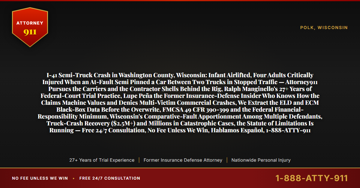 I-41 Semi-Truck Crash in Washington County, Wisconsin: Infant Airlifted, Four Adults Critically Injured When an At-Fault Semi Pinned a Car Between Two Trucks in Stopped Traffic — Attorney911 Pursues the Carriers and the Contractor Shells Behind the Rig, Ralph Manginello's 27+ Years of Federal-Court Trial Practice, Lupe Peña the Former Insurance-Defense Insider Who Knows How the Claims Machine Values and Denies Multi-Victim Commercial Crashes, We Extract the ELD and ECM Black-Box Data Before the Overwrite, FMCSA 49 CFR 390-399 and the Federal Financial-Responsibility Minimum, Wisconsin's Comparative-Fault Apportionment Among Multiple Defendants, Truck-Crash Recovery ($2.5M+) and Millions in Catastrophic Cases, the Statute of Limitations Is Running — Free 24/7 Consultation, No Fee Unless We Win, Hablamos Español, 1-888-ATTY-911 - Attorney911