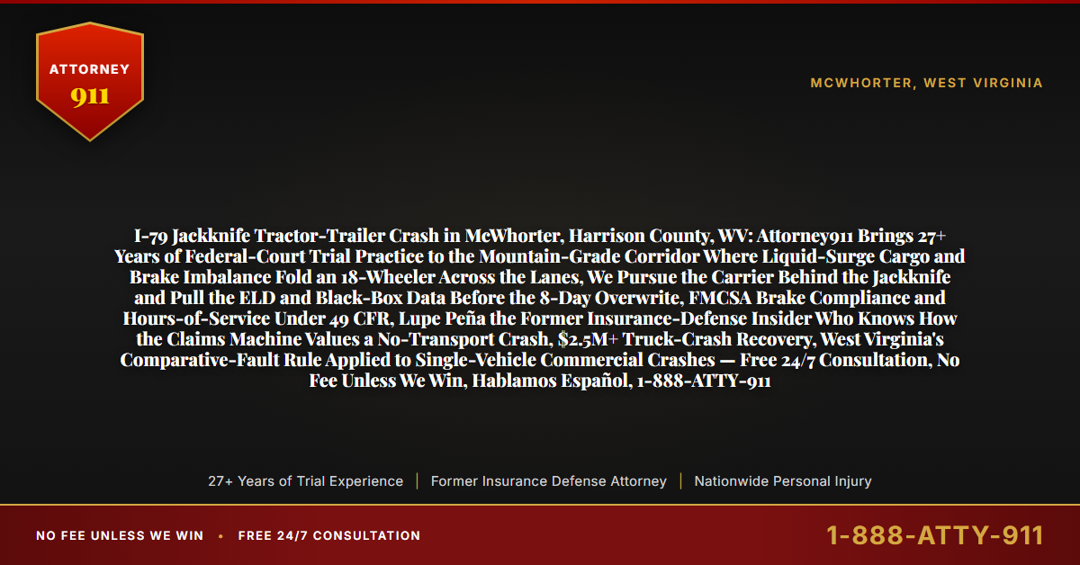 I-79 Jackknife Tractor-Trailer Crash in McWhorter, Harrison County, WV: Attorney911 Brings 27+ Years of Federal-Court Trial Practice to the Mountain-Grade Corridor Where Liquid-Surge Cargo and Brake Imbalance Fold an 18-Wheeler Across the Lanes, We Pursue the Carrier Behind the Jackknife and Pull the ELD and Black-Box Data Before the 8-Day Overwrite, FMCSA Brake Compliance and Hours-of-Service Under 49 CFR, Lupe Peña the Former Insurance-Defense Insider Who Knows How the Claims Machine Values a No-Transport Crash, $2.5M+ Truck-Crash Recovery, West Virginia's Comparative-Fault Rule Applied to Single-Vehicle Commercial Crashes — Free 24/7 Consultation, No Fee Unless We Win, Hablamos Español, 1-888-ATTY-911 - Attorney911