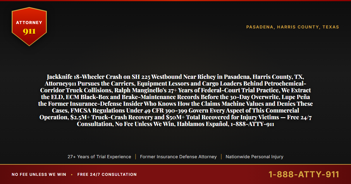 Jackknife 18-Wheeler Crash on SH 225 Westbound Near Richey in Pasadena, Harris County, TX, Attorney911 Pursues the Carriers, Equipment Lessors and Cargo Loaders Behind Petrochemical-Corridor Truck Collisions, Ralph Manginello's 27+ Years of Federal-Court Trial Practice, We Extract the ELD, ECM Black-Box and Brake-Maintenance Records Before the 30-Day Overwrite, Lupe Peña the Former Insurance-Defense Insider Who Knows How the Claims Machine Values and Denies These Cases, FMCSA Regulations Under 49 CFR 390-399 Govern Every Aspect of This Commercial Operation, $2.5M+ Truck-Crash Recovery and $50M+ Total Recovered for Injury Victims — Free 24/7 Consultation, No Fee Unless We Win, Hablamos Español, 1-888-ATTY-911 - Attorney911