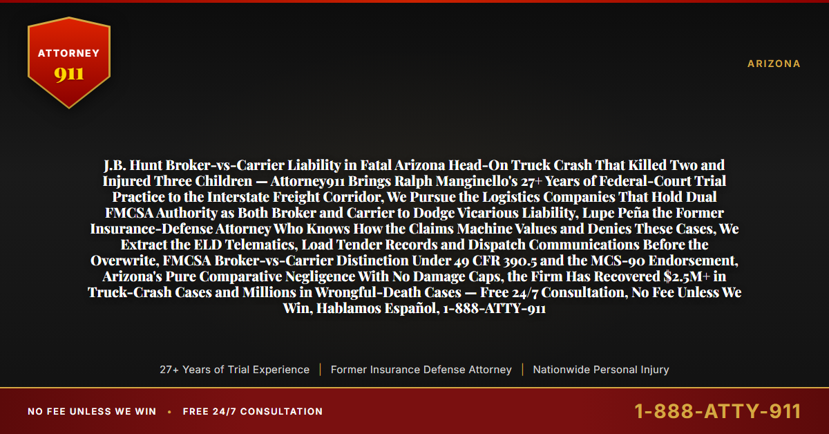 J.B. Hunt Broker-vs-Carrier Liability in Fatal Arizona Head-On Truck Crash That Killed Two and Injured Three Children — Attorney911 Brings Ralph Manginello's 27+ Years of Federal-Court Trial Practice to the Interstate Freight Corridor, We Pursue the Logistics Companies That Hold Dual FMCSA Authority as Both Broker and Carrier to Dodge Vicarious Liability, Lupe Peña the Former Insurance-Defense Attorney Who Knows How the Claims Machine Values and Denies These Cases, We Extract the ELD Telematics, Load Tender Records and Dispatch Communications Before the Overwrite, FMCSA Broker-vs-Carrier Distinction Under 49 CFR 390.5 and the MCS-90 Endorsement, Arizona's Pure Comparative Negligence With No Damage Caps, the Firm Has Recovered $2.5M+ in Truck-Crash Cases and Millions in Wrongful-Death Cases — Free 24/7 Consultation, No Fee Unless We Win, Hablamos Español, 1-888-ATTY-911 - Attorney911
