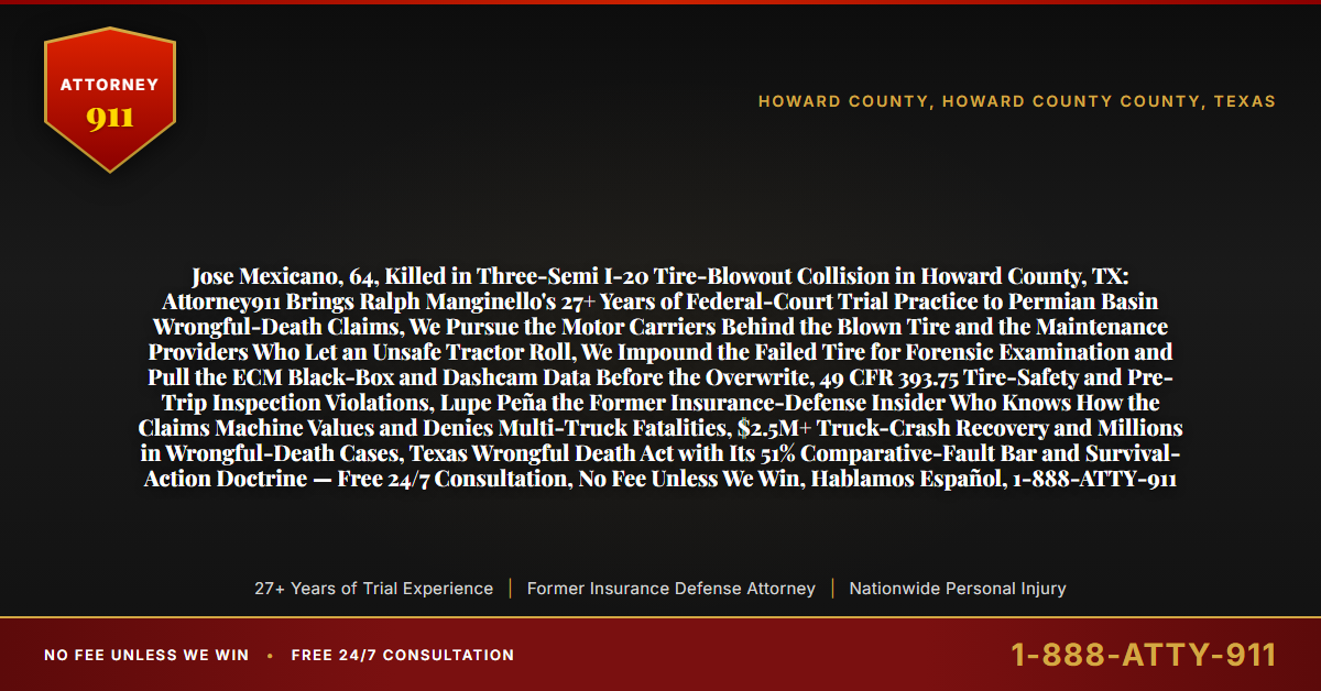 Jose Mexicano, 64, Killed in Three-Semi I-20 Tire-Blowout Collision in Howard County, TX: Attorney911 Brings Ralph Manginello's 27+ Years of Federal-Court Trial Practice to Permian Basin Wrongful-Death Claims, We Pursue the Motor Carriers Behind the Blown Tire and the Maintenance Providers Who Let an Unsafe Tractor Roll, We Impound the Failed Tire for Forensic Examination and Pull the ECM Black-Box and Dashcam Data Before the Overwrite, 49 CFR 393.75 Tire-Safety and Pre-Trip Inspection Violations, Lupe Peña the Former Insurance-Defense Insider Who Knows How the Claims Machine Values and Denies Multi-Truck Fatalities, $2.5M+ Truck-Crash Recovery and Millions in Wrongful-Death Cases, Texas Wrongful Death Act with Its 51% Comparative-Fault Bar and Survival-Action Doctrine — Free 24/7 Consultation, No Fee Unless We Win, Hablamos Español, 1-888-ATTY-911 - Attorney911