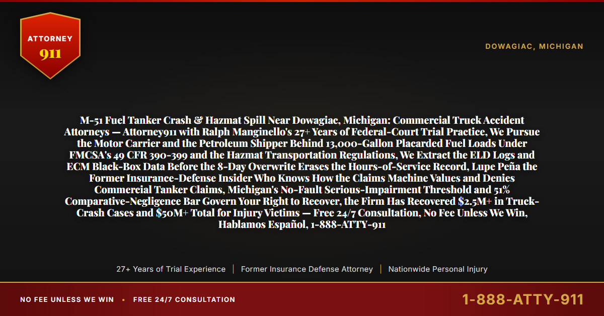 M-51 Fuel Tanker Crash & Hazmat Spill Near Dowagiac, Michigan: Commercial Truck Accident Attorneys — Attorney911 with Ralph Manginello's 27+ Years of Federal-Court Trial Practice, We Pursue the Motor Carrier and the Petroleum Shipper Behind 13,000-Gallon Placarded Fuel Loads Under FMCSA's 49 CFR 390-399 and the Hazmat Transportation Regulations, We Extract the ELD Logs and ECM Black-Box Data Before the 8-Day Overwrite Erases the Hours-of-Service Record, Lupe Peña the Former Insurance-Defense Insider Who Knows How the Claims Machine Values and Denies Commercial Tanker Claims, Michigan's No-Fault Serious-Impairment Threshold and 51% Comparative-Negligence Bar Govern Your Right to Recover, the Firm Has Recovered $2.5M+ in Truck-Crash Cases and $50M+ Total for Injury Victims — Free 24/7 Consultation, No Fee Unless We Win, Hablamos Español, 1-888-ATTY-911 - Attorney911