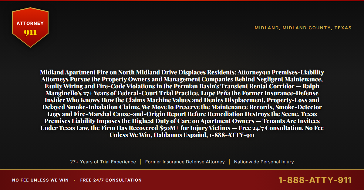 Midland Apartment Fire on North Midland Drive Displaces Residents: Attorney911 Premises-Liability Attorneys Pursue the Property Owners and Management Companies Behind Negligent Maintenance, Faulty Wiring and Fire-Code Violations in the Permian Basin's Transient Rental Corridor — Ralph Manginello's 27+ Years of Federal-Court Trial Practice, Lupe Peña the Former Insurance-Defense Insider Who Knows How the Claims Machine Values and Denies Displacement, Property-Loss and Delayed Smoke-Inhalation Claims, We Move to Preserve the Maintenance Records, Smoke-Detector Logs and Fire-Marshal Cause-and-Origin Report Before Remediation Destroys the Scene, Texas Premises Liability Imposes the Highest Duty of Care on Apartment Owners — Tenants Are Invitees Under Texas Law, the Firm Has Recovered $50M+ for Injury Victims — Free 24/7 Consultation, No Fee Unless We Win, Hablamos Español, 1-888-ATTY-911 - Attorney911