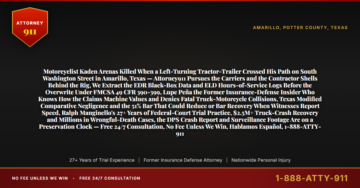 Motorcyclist Kaden Arenas Killed When a Left-Turning Tractor-Trailer Crossed His Path on South Washington Street in Amarillo, Texas — Attorney911 Pursues the Carriers and the Contractor Shells Behind the Rig, We Extract the EDR Black-Box Data and ELD Hours-of-Service Logs Before the Overwrite Under FMCSA 49 CFR 390-399, Lupe Peña the Former Insurance-Defense Insider Who Knows How the Claims Machine Values and Denies Fatal Truck-Motorcycle Collisions, Texas Modified Comparative Negligence and the 51% Bar That Could Reduce or Bar Recovery When Witnesses Report Speed, Ralph Manginello's 27+ Years of Federal-Court Trial Practice, $2.5M+ Truck-Crash Recovery and Millions in Wrongful-Death Cases, the DPS Crash Report and Surveillance Footage Are on a Preservation Clock — Free 24/7 Consultation, No Fee Unless We Win, Hablamos Español, 1-888-ATTY-911 - Attorney911
