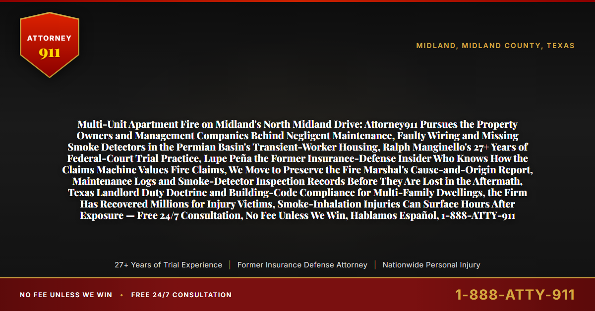 Multi-Unit Apartment Fire on Midland's North Midland Drive: Attorney911 Pursues the Property Owners and Management Companies Behind Negligent Maintenance, Faulty Wiring and Missing Smoke Detectors in the Permian Basin's Transient-Worker Housing, Ralph Manginello's 27+ Years of Federal-Court Trial Practice, Lupe Peña the Former Insurance-Defense Insider Who Knows How the Claims Machine Values Fire Claims, We Move to Preserve the Fire Marshal's Cause-and-Origin Report, Maintenance Logs and Smoke-Detector Inspection Records Before They Are Lost in the Aftermath, Texas Landlord Duty Doctrine and Building-Code Compliance for Multi-Family Dwellings, the Firm Has Recovered Millions for Injury Victims, Smoke-Inhalation Injuries Can Surface Hours After Exposure — Free 24/7 Consultation, No Fee Unless We Win, Hablamos Español, 1-888-ATTY-911 - Attorney911