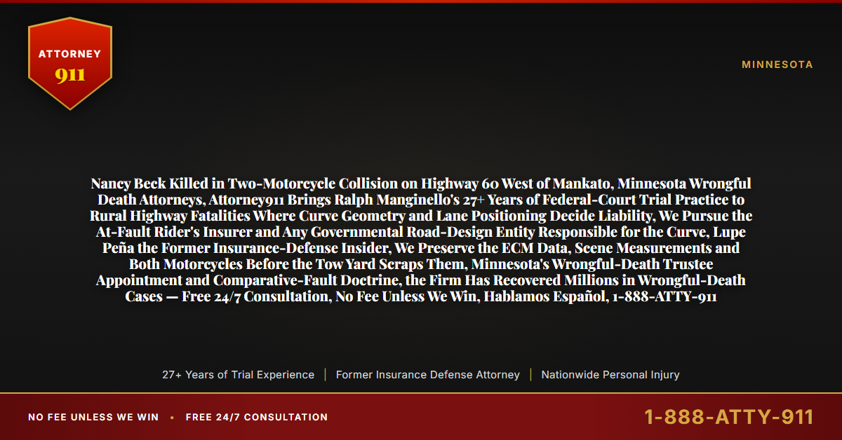Nancy Beck Killed in Two-Motorcycle Collision on Highway 60 West of Mankato, Minnesota Wrongful Death Attorneys, Attorney911 Brings Ralph Manginello's 27+ Years of Federal-Court Trial Practice to Rural Highway Fatalities Where Curve Geometry and Lane Positioning Decide Liability, We Pursue the At-Fault Rider's Insurer and Any Governmental Road-Design Entity Responsible for the Curve, Lupe Peña the Former Insurance-Defense Insider, We Preserve the ECM Data, Scene Measurements and Both Motorcycles Before the Tow Yard Scraps Them, Minnesota's Wrongful-Death Trustee Appointment and Comparative-Fault Doctrine, the Firm Has Recovered Millions in Wrongful-Death Cases — Free 24/7 Consultation, No Fee Unless We Win, Hablamos Español, 1-888-ATTY-911 - Attorney911