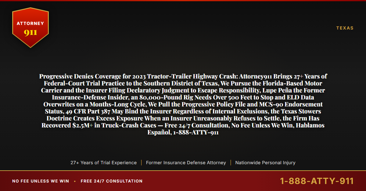 Progressive Denies Coverage for 2023 Tractor-Trailer Highway Crash: Attorney911 Brings 27+ Years of Federal-Court Trial Practice to the Southern District of Texas, We Pursue the Florida-Based Motor Carrier and the Insurer Filing Declaratory Judgment to Escape Responsibility, Lupe Peña the Former Insurance-Defense Insider, an 80,000-Pound Rig Needs Over 500 Feet to Stop and ELD Data Overwrites on a Months-Long Cycle, We Pull the Progressive Policy File and MCS-90 Endorsement Status, 49 CFR Part 387 May Bind the Insurer Regardless of Internal Exclusions, the Texas Stowers Doctrine Creates Excess Exposure When an Insurer Unreasonably Refuses to Settle, the Firm Has Recovered $2.5M+ in Truck-Crash Cases — Free 24/7 Consultation, No Fee Unless We Win, Hablamos Español, 1-888-ATTY-911 - Attorney911