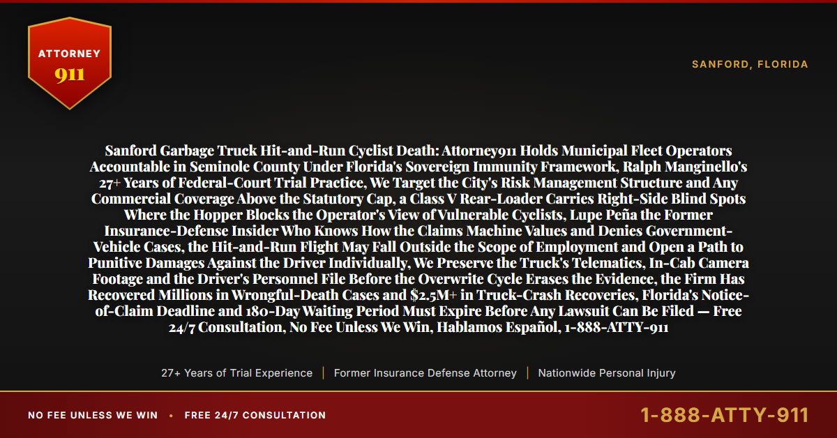 Sanford Garbage Truck Hit-and-Run Cyclist Death: Attorney911 Holds Municipal Fleet Operators Accountable in Seminole County Under Florida's Sovereign Immunity Framework, Ralph Manginello's 27+ Years of Federal-Court Trial Practice, We Target the City's Risk Management Structure and Any Commercial Coverage Above the Statutory Cap, a Class V Rear-Loader Carries Right-Side Blind Spots Where the Hopper Blocks the Operator's View of Vulnerable Cyclists, Lupe Peña the Former Insurance-Defense Insider Who Knows How the Claims Machine Values and Denies Government-Vehicle Cases, the Hit-and-Run Flight May Fall Outside the Scope of Employment and Open a Path to Punitive Damages Against the Driver Individually, We Preserve the Truck's Telematics, In-Cab Camera Footage and the Driver's Personnel File Before the Overwrite Cycle Erases the Evidence, the Firm Has Recovered Millions in Wrongful-Death Cases and $2.5M+ in Truck-Crash Recoveries, Florida's Notice-of-Claim Deadline and 180-Day Waiting Period Must Expire Before Any Lawsuit Can Be Filed — Free 24/7 Consultation, No Fee Unless We Win, Hablamos Español, 1-888-ATTY-911 - Attorney911
