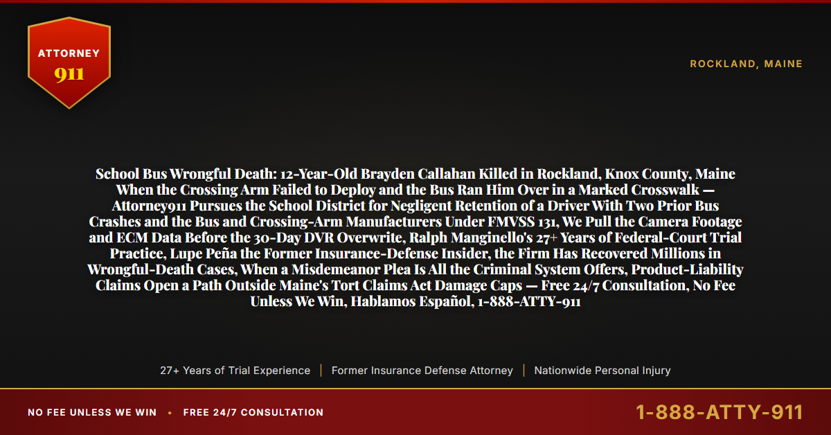 School Bus Wrongful Death: 12-Year-Old Brayden Callahan Killed in Rockland, Knox County, Maine When the Crossing Arm Failed to Deploy and the Bus Ran Him Over in a Marked Crosswalk — Attorney911 Pursues the School District for Negligent Retention of a Driver With Two Prior Bus Crashes and the Bus and Crossing-Arm Manufacturers Under FMVSS 131, We Pull the Camera Footage and ECM Data Before the 30-Day DVR Overwrite, Ralph Manginello's 27+ Years of Federal-Court Trial Practice, Lupe Peña the Former Insurance-Defense Insider, the Firm Has Recovered Millions in Wrongful-Death Cases, When a Misdemeanor Plea Is All the Criminal System Offers, Product-Liability Claims Open a Path Outside Maine's Tort Claims Act Damage Caps — Free 24/7 Consultation, No Fee Unless We Win, Hablamos Español, 1-888-ATTY-911 - Attorney911