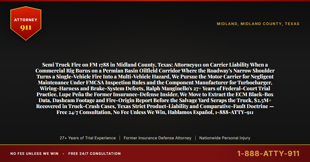 Semi Truck Fire on FM 1788 in Midland County, Texas: Attorney911 on Carrier Liability When a Commercial Rig Burns on a Permian Basin Oilfield Corridor Where the Roadway's Narrow Shoulder Turns a Single-Vehicle Fire Into a Multi-Vehicle Hazard, We Pursue the Motor Carrier for Negligent Maintenance Under FMCSA Inspection Rules and the Component Manufacturer for Turbocharger, Wiring-Harness and Brake-System Defects, Ralph Manginello's 27+ Years of Federal-Court Trial Practice, Lupe Peña the Former Insurance-Defense Insider, We Move to Extract the ECM Black-Box Data, Dashcam Footage and Fire-Origin Report Before the Salvage Yard Scraps the Truck, $2.5M+ Recovered in Truck-Crash Cases, Texas Strict Product-Liability and Comparative-Fault Doctrine — Free 24/7 Consultation, No Fee Unless We Win, Hablamos Español, 1-888-ATTY-911 - Attorney911