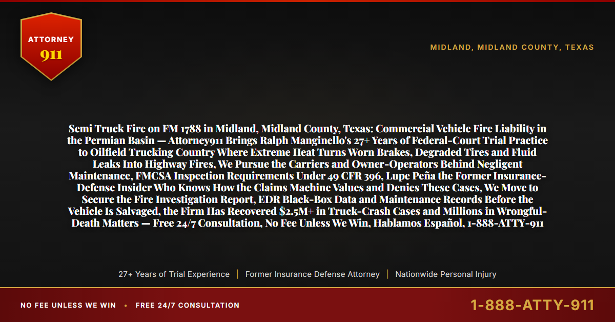 Semi Truck Fire on FM 1788 in Midland, Midland County, Texas: Commercial Vehicle Fire Liability in the Permian Basin — Attorney911 Brings Ralph Manginello's 27+ Years of Federal-Court Trial Practice to Oilfield Trucking Country Where Extreme Heat Turns Worn Brakes, Degraded Tires and Fluid Leaks Into Highway Fires, We Pursue the Carriers and Owner-Operators Behind Negligent Maintenance, FMCSA Inspection Requirements Under 49 CFR 396, Lupe Peña the Former Insurance-Defense Insider Who Knows How the Claims Machine Values and Denies These Cases, We Move to Secure the Fire Investigation Report, EDR Black-Box Data and Maintenance Records Before the Vehicle Is Salvaged, the Firm Has Recovered $2.5M+ in Truck-Crash Cases and Millions in Wrongful-Death Matters — Free 24/7 Consultation, No Fee Unless We Win, Hablamos Español, 1-888-ATTY-911 - Attorney911