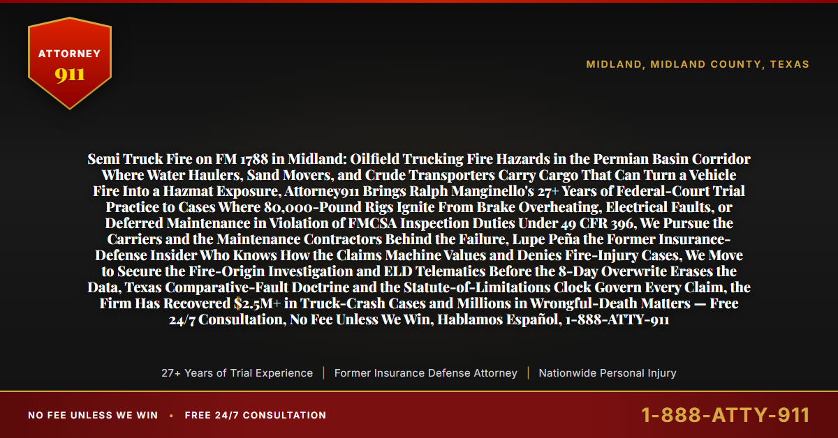 Semi Truck Fire on FM 1788 in Midland: Oilfield Trucking Fire Hazards in the Permian Basin Corridor Where Water Haulers, Sand Movers, and Crude Transporters Carry Cargo That Can Turn a Vehicle Fire Into a Hazmat Exposure, Attorney911 Brings Ralph Manginello's 27+ Years of Federal-Court Trial Practice to Cases Where 80,000-Pound Rigs Ignite From Brake Overheating, Electrical Faults, or Deferred Maintenance in Violation of FMCSA Inspection Duties Under 49 CFR 396, We Pursue the Carriers and the Maintenance Contractors Behind the Failure, Lupe Peña the Former Insurance-Defense Insider Who Knows How the Claims Machine Values and Denies Fire-Injury Cases, We Move to Secure the Fire-Origin Investigation and ELD Telematics Before the 8-Day Overwrite Erases the Data, Texas Comparative-Fault Doctrine and the Statute-of-Limitations Clock Govern Every Claim, the Firm Has Recovered $2.5M+ in Truck-Crash Cases and Millions in Wrongful-Death Matters — Free 24/7 Consultation, No Fee Unless We Win, Hablamos Español, 1-888-ATTY-911 - Attorney911
