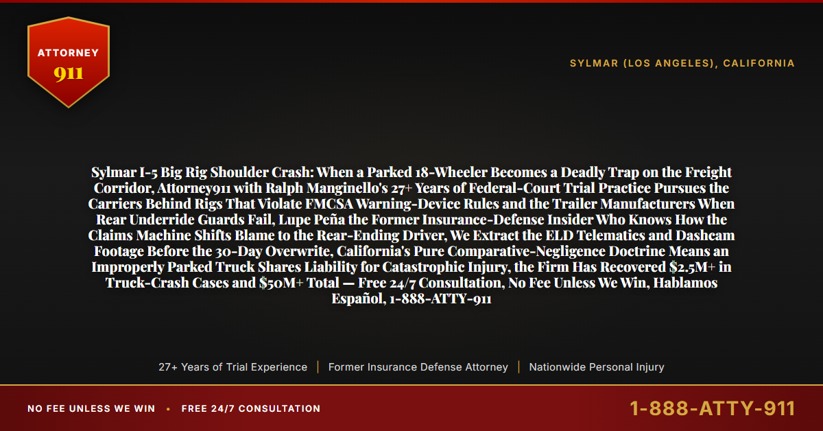 Sylmar I-5 Big Rig Shoulder Crash: When a Parked 18-Wheeler Becomes a Deadly Trap on the Freight Corridor, Attorney911 with Ralph Manginello's 27+ Years of Federal-Court Trial Practice Pursues the Carriers Behind Rigs That Violate FMCSA Warning-Device Rules and the Trailer Manufacturers When Rear Underride Guards Fail, Lupe Peña the Former Insurance-Defense Insider Who Knows How the Claims Machine Shifts Blame to the Rear-Ending Driver, We Extract the ELD Telematics and Dashcam Footage Before the 30-Day Overwrite, California's Pure Comparative-Negligence Doctrine Means an Improperly Parked Truck Shares Liability for Catastrophic Injury, the Firm Has Recovered $2.5M+ in Truck-Crash Cases and $50M+ Total — Free 24/7 Consultation, No Fee Unless We Win, Hablamos Español, 1-888-ATTY-911 - Attorney911