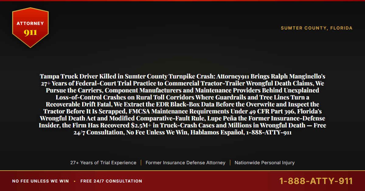 Tampa Truck Driver Killed in Sumter County Turnpike Crash: Attorney911 Brings Ralph Manginello's 27+ Years of Federal-Court Trial Practice to Commercial Tractor-Trailer Wrongful Death Claims, We Pursue the Carriers, Component Manufacturers and Maintenance Providers Behind Unexplained Loss-of-Control Crashes on Rural Toll Corridors Where Guardrails and Tree Lines Turn a Recoverable Drift Fatal, We Extract the EDR Black-Box Data Before the Overwrite and Inspect the Tractor Before It Is Scrapped, FMCSA Maintenance Requirements Under 49 CFR Part 396, Florida's Wrongful Death Act and Modified Comparative-Fault Rule, Lupe Peña the Former Insurance-Defense Insider, the Firm Has Recovered $2.5M+ in Truck-Crash Cases and Millions in Wrongful Death — Free 24/7 Consultation, No Fee Unless We Win, Hablamos Español, 1-888-ATTY-911 - Attorney911