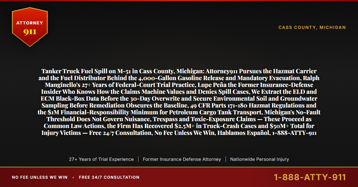 Tanker Truck Fuel Spill on M-51 in Cass County, Michigan: Attorney911 Pursues the Hazmat Carrier and the Fuel Distributor Behind the 4,000-Gallon Gasoline Release and Mandatory Evacuation, Ralph Manginello's 27+ Years of Federal-Court Trial Practice, Lupe Peña the Former Insurance-Defense Insider Who Knows How the Claims Machine Values and Denies Spill Cases, We Extract the ELD and ECM Black-Box Data Before the 30-Day Overwrite and Secure Environmental Soil and Groundwater Sampling Before Remediation Obscures the Baseline, 49 CFR Parts 171-180 Hazmat Regulations and the $1M Financial-Responsibility Minimum for Petroleum Cargo Tank Transport, Michigan's No-Fault Threshold Does Not Govern Nuisance, Trespass and Toxic-Exposure Claims — These Proceed as Common Law Actions, the Firm Has Recovered $2.5M+ in Truck-Crash Cases and $50M+ Total for Injury Victims — Free 24/7 Consultation, No Fee Unless We Win, Hablamos Español, 1-888-ATTY-911 - Attorney911