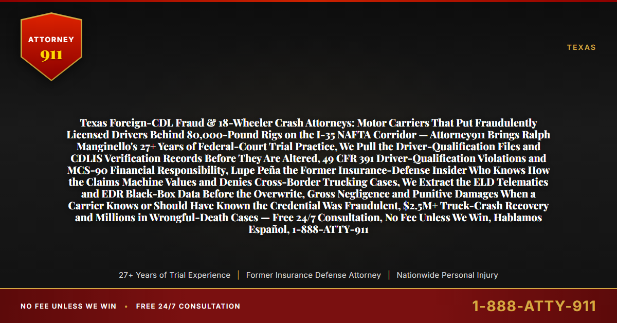 Texas Foreign-CDL Fraud & 18-Wheeler Crash Attorneys: Motor Carriers That Put Fraudulently Licensed Drivers Behind 80,000-Pound Rigs on the I-35 NAFTA Corridor — Attorney911 Brings Ralph Manginello's 27+ Years of Federal-Court Trial Practice, We Pull the Driver-Qualification Files and CDLIS Verification Records Before They Are Altered, 49 CFR 391 Driver-Qualification Violations and MCS-90 Financial Responsibility, Lupe Peña the Former Insurance-Defense Insider Who Knows How the Claims Machine Values and Denies Cross-Border Trucking Cases, We Extract the ELD Telematics and EDR Black-Box Data Before the Overwrite, Gross Negligence and Punitive Damages When a Carrier Knows or Should Have Known the Credential Was Fraudulent, $2.5M+ Truck-Crash Recovery and Millions in Wrongful-Death Cases — Free 24/7 Consultation, No Fee Unless We Win, Hablamos Español, 1-888-ATTY-911 - Attorney911
