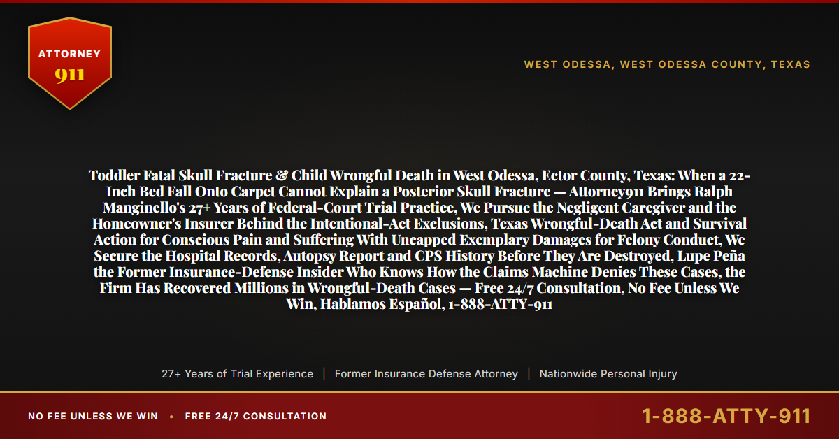 Toddler Fatal Skull Fracture & Child Wrongful Death in West Odessa, Ector County, Texas: When a 22-Inch Bed Fall Onto Carpet Cannot Explain a Posterior Skull Fracture — Attorney911 Brings Ralph Manginello's 27+ Years of Federal-Court Trial Practice, We Pursue the Negligent Caregiver and the Homeowner's Insurer Behind the Intentional-Act Exclusions, Texas Wrongful-Death Act and Survival Action for Conscious Pain and Suffering With Uncapped Exemplary Damages for Felony Conduct, We Secure the Hospital Records, Autopsy Report and CPS History Before They Are Destroyed, Lupe Peña the Former Insurance-Defense Insider Who Knows How the Claims Machine Denies These Cases, the Firm Has Recovered Millions in Wrongful-Death Cases — Free 24/7 Consultation, No Fee Unless We Win, Hablamos Español, 1-888-ATTY-911 - Attorney911