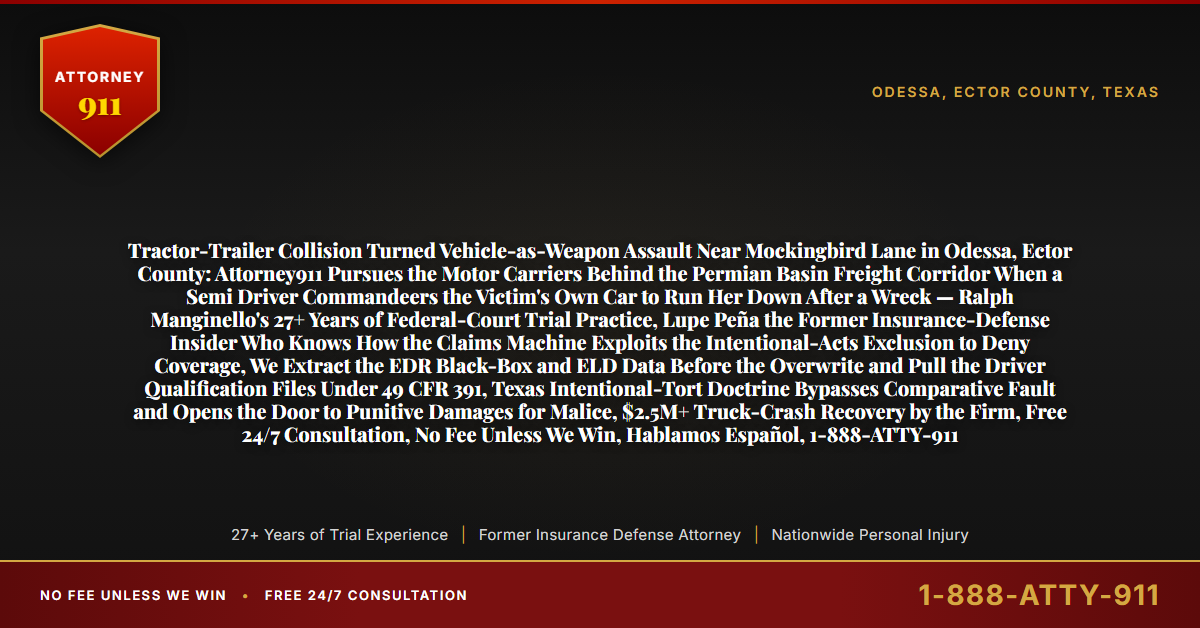 Tractor-Trailer Collision Turned Vehicle-as-Weapon Assault Near Mockingbird Lane in Odessa, Ector County: Attorney911 Pursues the Motor Carriers Behind the Permian Basin Freight Corridor When a Semi Driver Commandeers the Victim's Own Car to Run Her Down After a Wreck — Ralph Manginello's 27+ Years of Federal-Court Trial Practice, Lupe Peña the Former Insurance-Defense Insider Who Knows How the Claims Machine Exploits the Intentional-Acts Exclusion to Deny Coverage, We Extract the EDR Black-Box and ELD Data Before the Overwrite and Pull the Driver Qualification Files Under 49 CFR 391, Texas Intentional-Tort Doctrine Bypasses Comparative Fault and Opens the Door to Punitive Damages for Malice, $2.5M+ Truck-Crash Recovery by the Firm, Free 24/7 Consultation, No Fee Unless We Win, Hablamos Español, 1-888-ATTY-911 - Attorney911