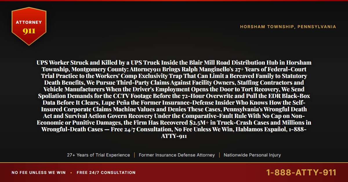 UPS Worker Struck and Killed by a UPS Truck Inside the Blair Mill Road Distribution Hub in Horsham Township, Montgomery County: Attorney911 Brings Ralph Manginello's 27+ Years of Federal-Court Trial Practice to the Workers' Comp Exclusivity Trap That Can Limit a Bereaved Family to Statutory Death Benefits, We Pursue Third-Party Claims Against Facility Owners, Staffing Contractors and Vehicle Manufacturers When the Driver's Employment Opens the Door to Tort Recovery, We Send Spoliation Demands for the CCTV Footage Before the 72-Hour Overwrite and Pull the EDR Black-Box Data Before It Clears, Lupe Peña the Former Insurance-Defense Insider Who Knows How the Self-Insured Corporate Claims Machine Values and Denies These Cases, Pennsylvania's Wrongful Death Act and Survival Action Govern Recovery Under the Comparative-Fault Rule With No Cap on Non-Economic or Punitive Damages, the Firm Has Recovered $2.5M+ in Truck-Crash Cases and Millions in Wrongful-Death Cases — Free 24/7 Consultation, No Fee Unless We Win, Hablamos Español, 1-888-ATTY-911 - Attorney911