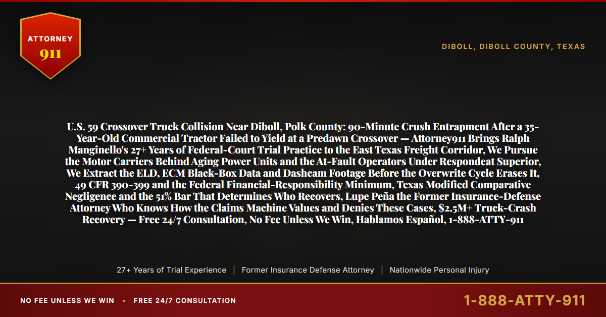 U.S. 59 Crossover Truck Collision Near Diboll, Polk County: 90-Minute Crush Entrapment After a 35-Year-Old Commercial Tractor Failed to Yield at a Predawn Crossover — Attorney911 Brings Ralph Manginello's 27+ Years of Federal-Court Trial Practice to the East Texas Freight Corridor, We Pursue the Motor Carriers Behind Aging Power Units and the At-Fault Operators Under Respondeat Superior, We Extract the ELD, ECM Black-Box Data and Dashcam Footage Before the Overwrite Cycle Erases It, 49 CFR 390-399 and the Federal Financial-Responsibility Minimum, Texas Modified Comparative Negligence and the 51% Bar That Determines Who Recovers, Lupe Peña the Former Insurance-Defense Attorney Who Knows How the Claims Machine Values and Denies These Cases, $2.5M+ Truck-Crash Recovery — Free 24/7 Consultation, No Fee Unless We Win, Hablamos Español, 1-888-ATTY-911 - Attorney911